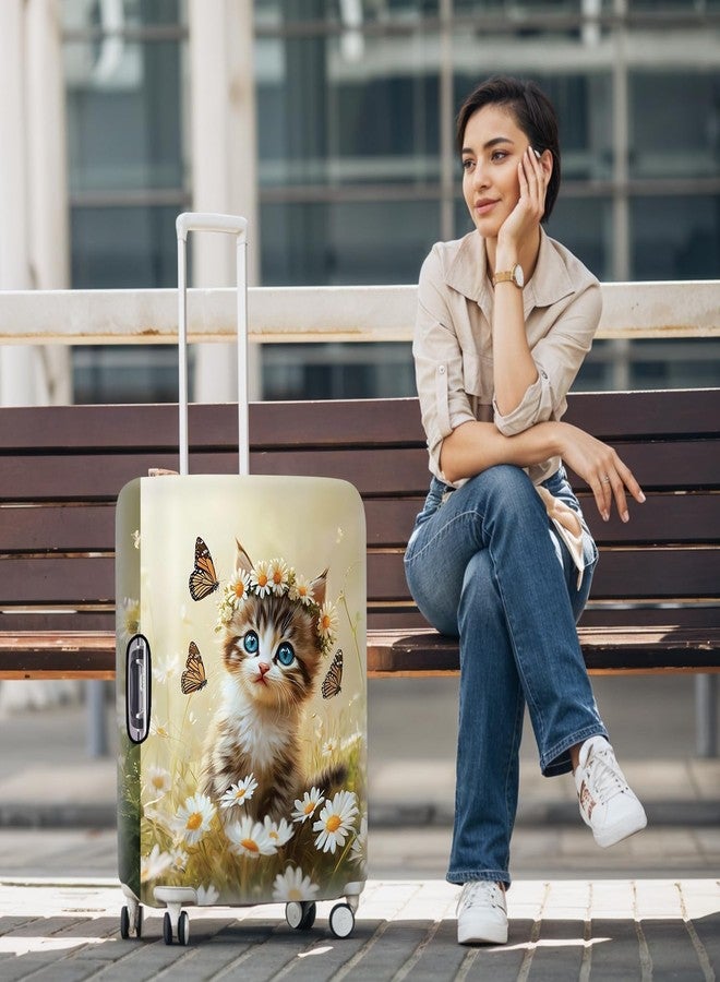 THISFIND Cute Cat and Butterflies Luggage Cover for 24-26 Inch Suitcase - Colorful Floral Travel Protector with Daisy and Meadow Design - Stretch Washable Luggage Sleeve,M - Image 2